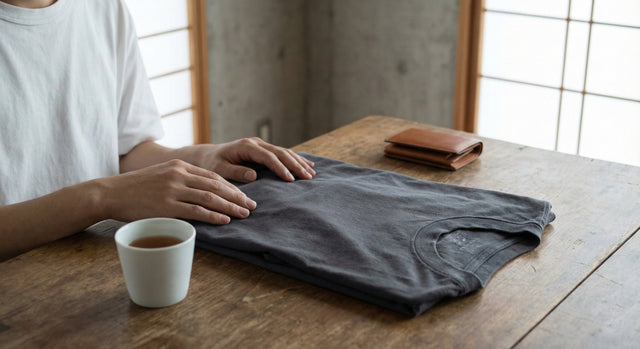 Hands resting gently on a folded charcoal grey t-shirt on a wooden table next to a white tea cup, with soft natural light and shoji screens.