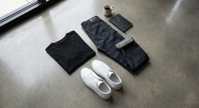 A neat stack of identical folded black t-shirts sitting on a clean white surface, representing the modern uniform and decision minimalism.