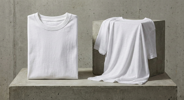 A side-by-side studio photograph showing a structured heavyweight white t-shirt standing upright next to a lightweight white t-shirt draped fluidly over a concrete block.