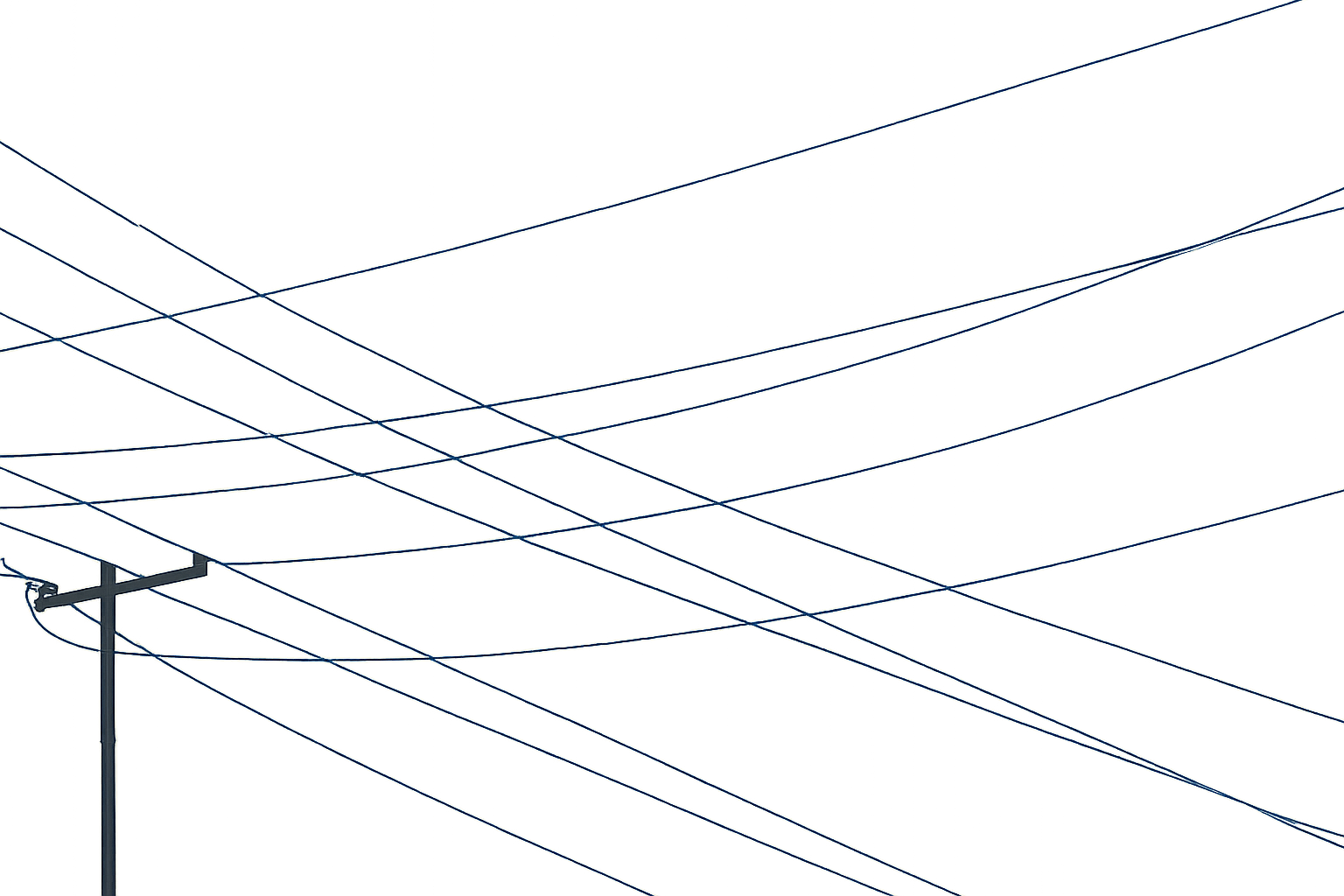Minimalist power lines stretched and tangled across pale sky.