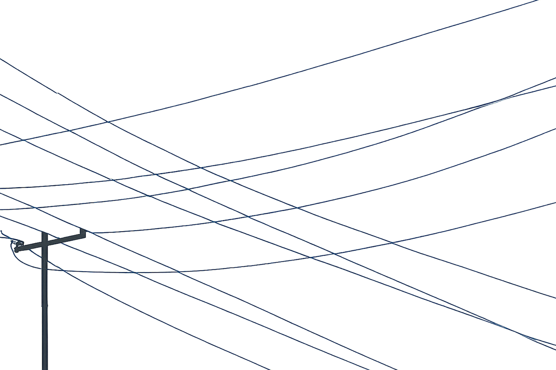 Minimalist power lines stretched and tangled across pale sky.