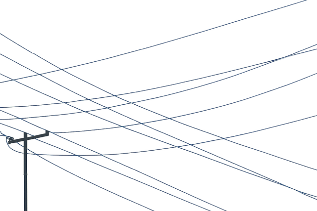Minimalist power lines stretched and tangled across pale sky.