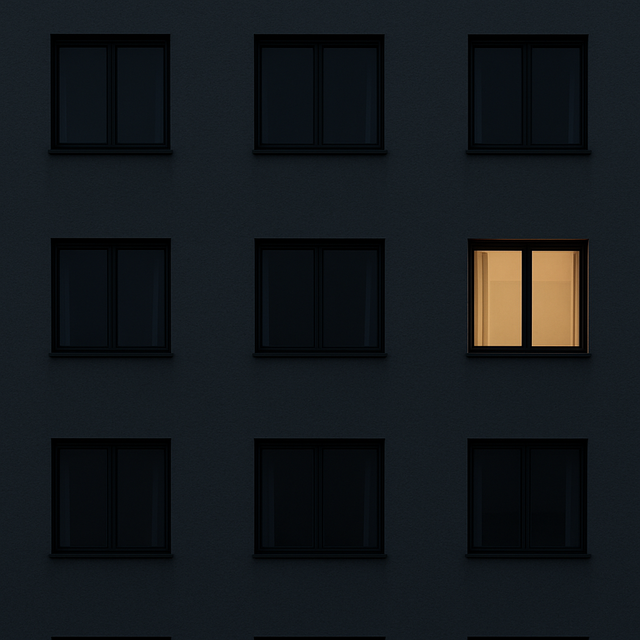 Minimalist facade with single glowing window against muted tones.