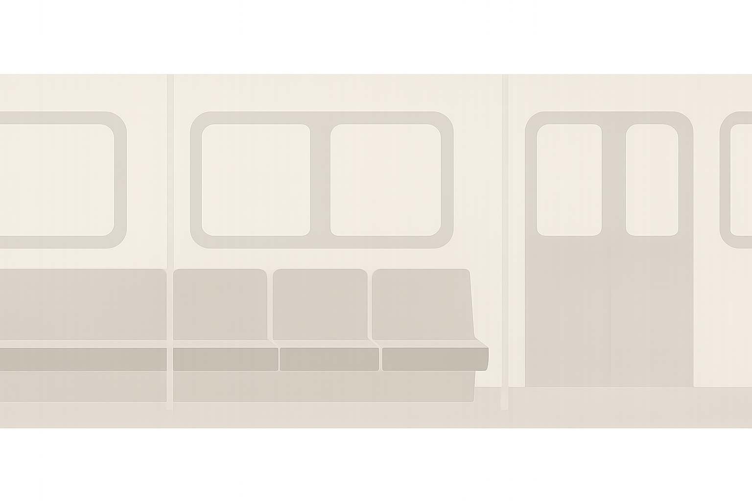Minimalist subway interior with repeating windows and seats.