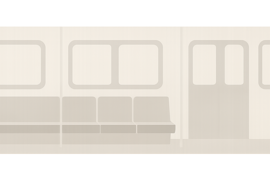 Minimalist subway interior with repeating windows and seats.