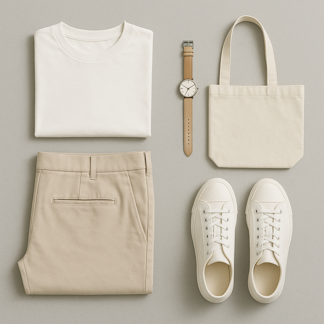 Minimalist flat lay with folded white tee, trousers, and neutral accessories on gray background.