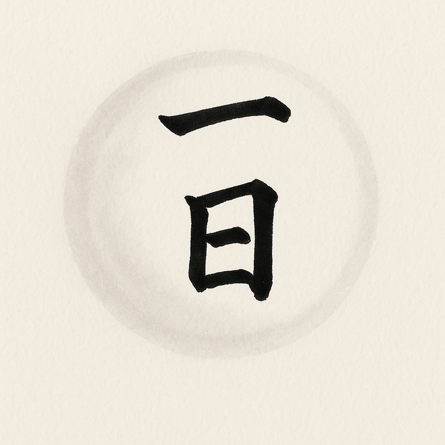 Minimalist black ink kanji for “one day” (一日) on white paper with soft shadows.