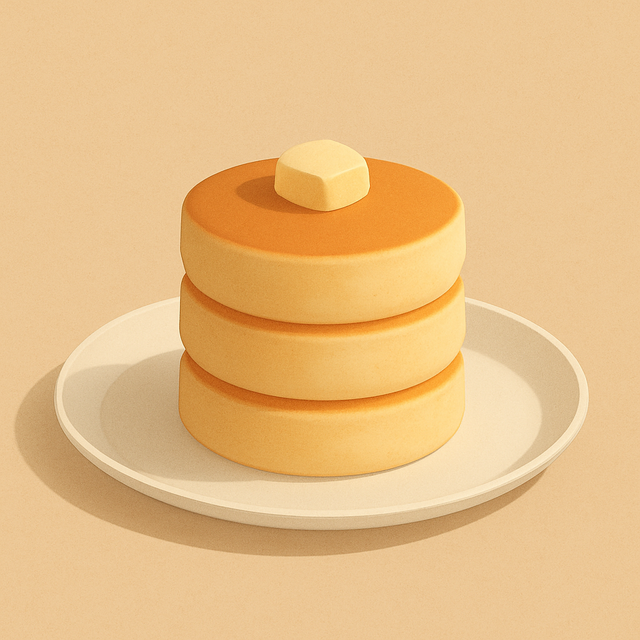 Minimalist illustration of fluffy Japanese pancakes on white plate with warm light and soft shadows.