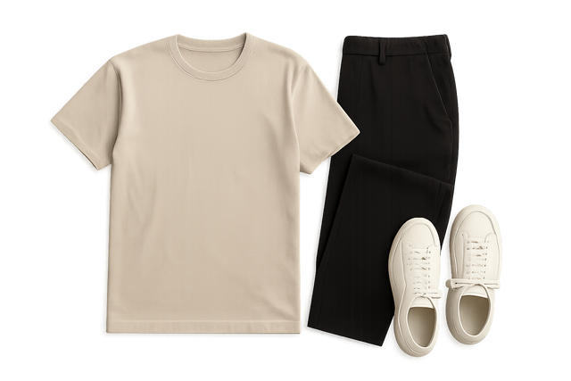 Flat lay of minimalist outfit with neutral T-shirt, relaxed trousers, and simple sneakers.