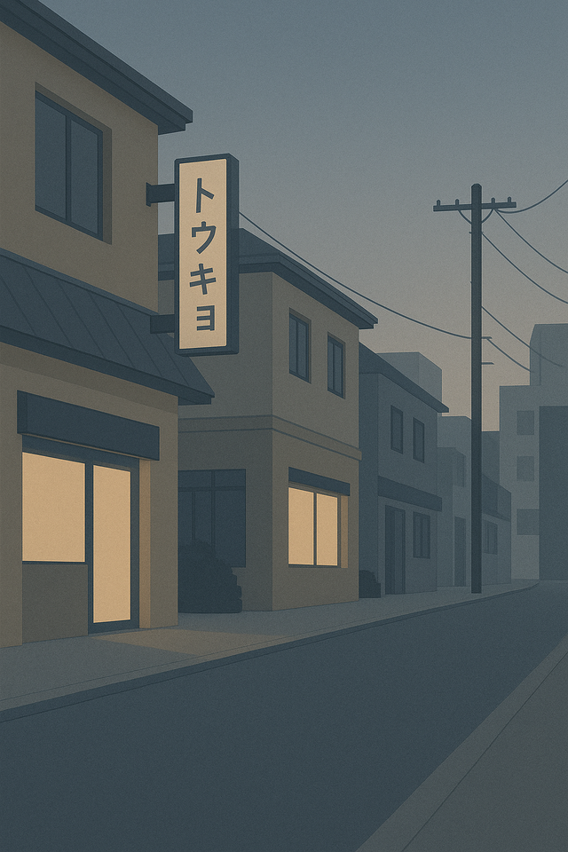 Minimalist illustration of a Tokyo street at dusk with subtle signage and soft light.