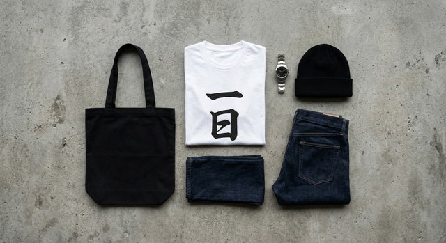 A neat flat lay of a black graphic t-shirt surrounded by navy denim, a black tote, and accessories on concrete.