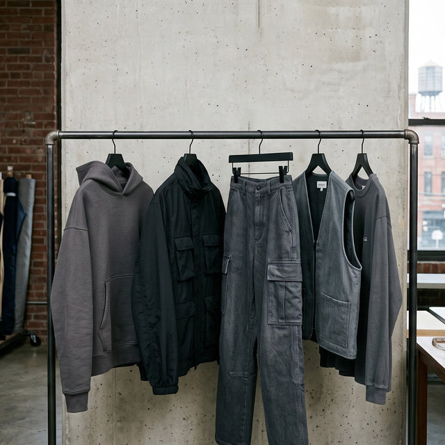 A minimalist streetwear rack featuring charcoal and black garments in a sunlit Brooklyn design studio.