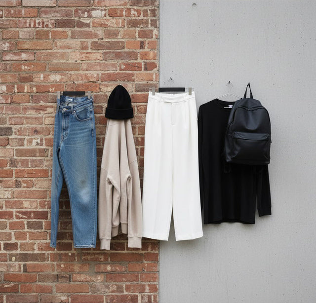 Minimalist split-image blending Brooklyn textures with Japanese clean white space.