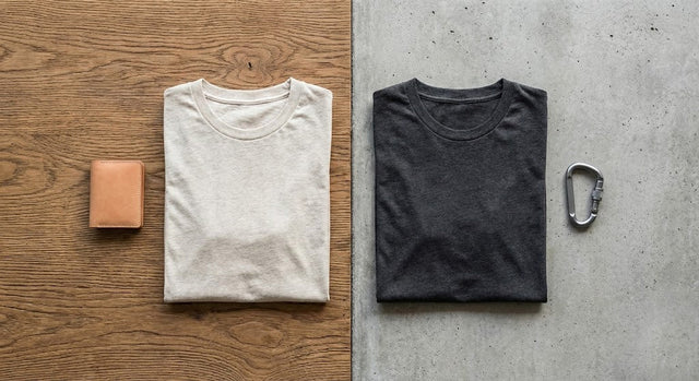 A flat lay composition showing a folded warm beige t-shirt on a wooden surface next to a cool grey t-shirt on a concrete surface to demonstrate color temperature.