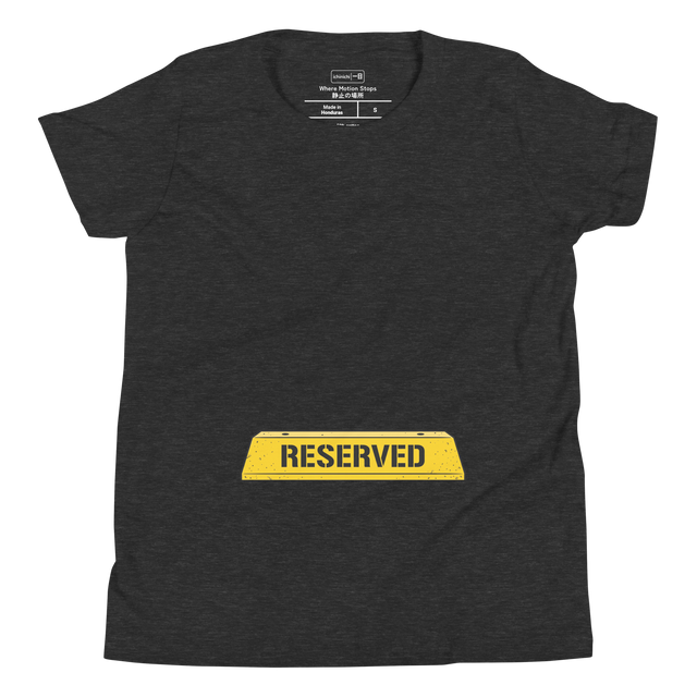 A graphic yellow concrete parking block with black "RESERVED" stencil text printed on a Youth Short Sleeve T-Shirt.