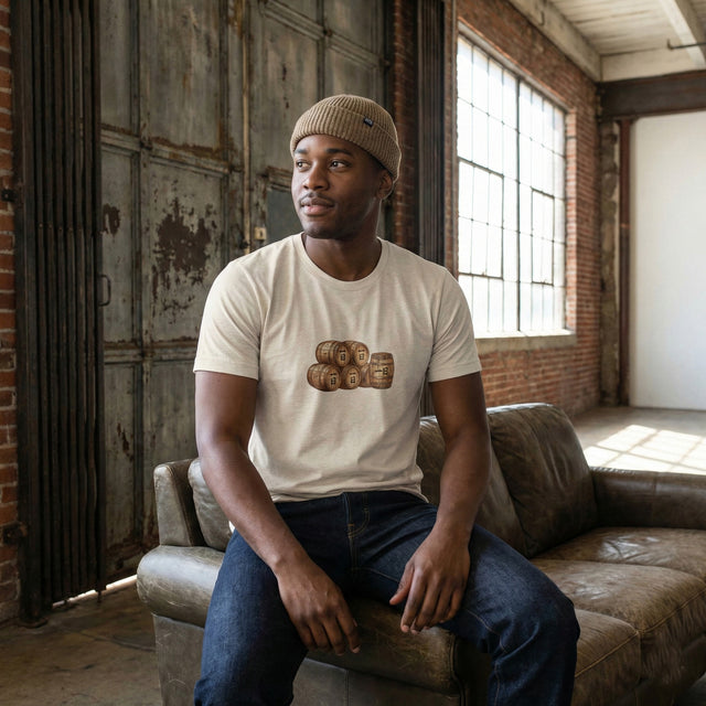 Man sitting on a leather couch in a room with brick walls and large windows.