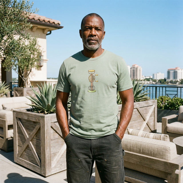 Man wearing a green t-shirt with a graphic design, standing outdoors on a patio.
