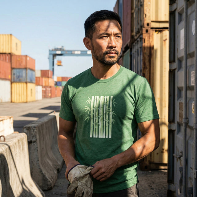 輸送用コンテナが並ぶ工業地帯を背景にしたグラフィックデザインの緑色のTシャツを着た男性。
