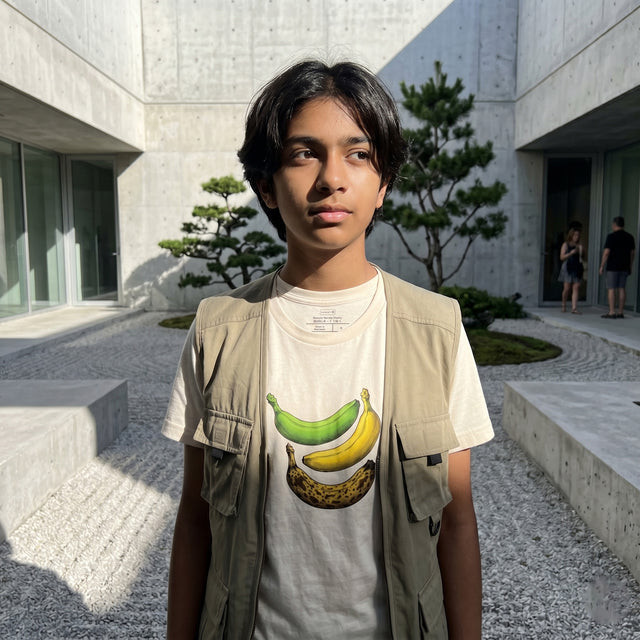 Person wearing a t-shirt with banana graphic in an outdoor setting