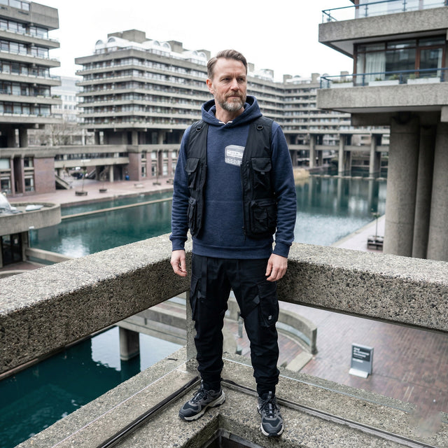 Man standing on a concrete ledge with modern architectural buildings in the background