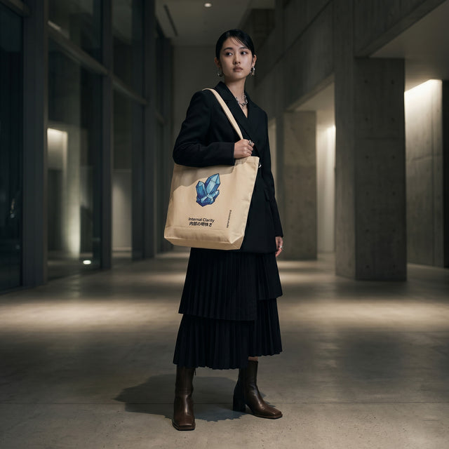 Woman holding a tote bag with a butterfly design in a modern indoor setting