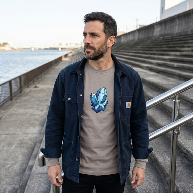 Man wearing a gray t-shirt with a blue crystal graphic and a dark jacket outdoors.