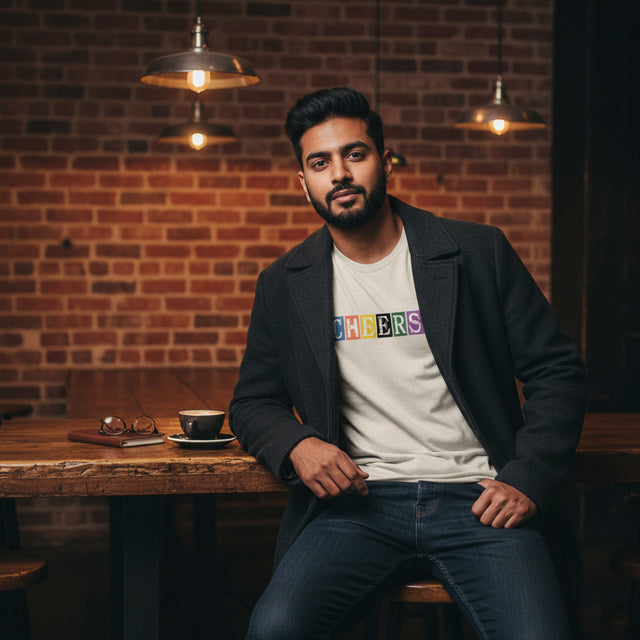 Man sitting at a table with a brick wall background