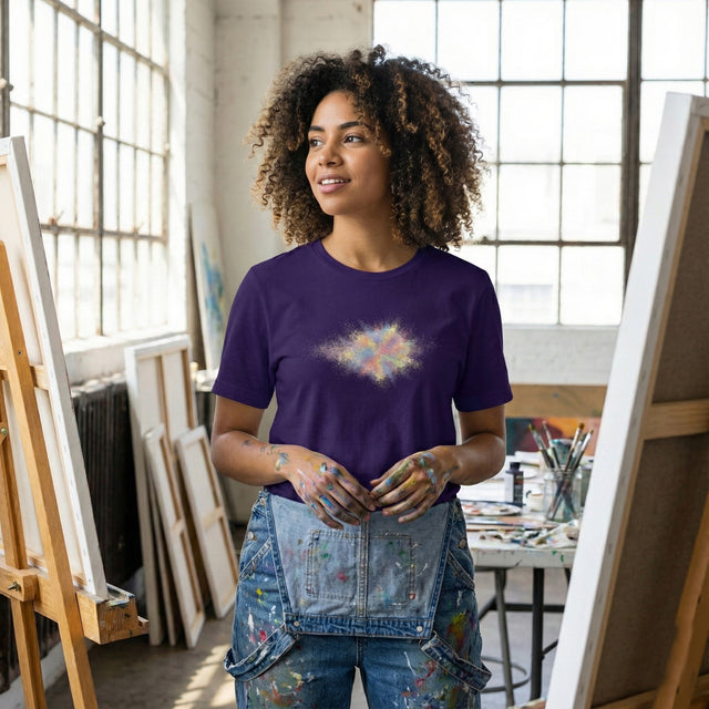 Dark purple t-shirt featuring a vibrant, multi-colored powder explosion graphic, worn by a female artist in a bright converted warehouse studio.