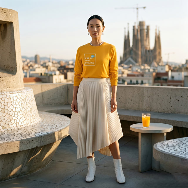 Woman in yellow sweater and white skirt standing on a rooftop with cityscape in the background