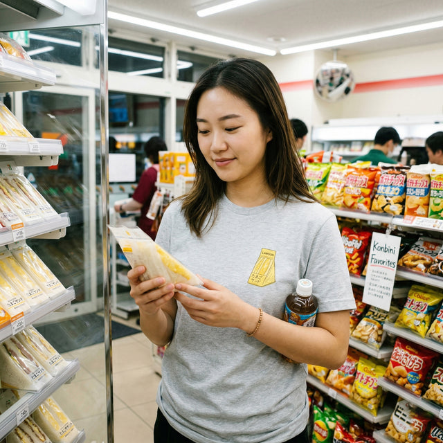 Woman reading a product label in a grocery store aisle.