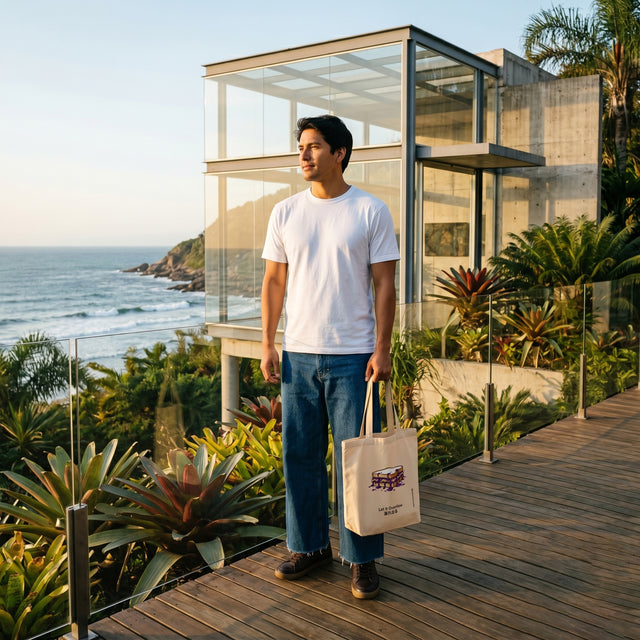 Man standing on a wooden deck with a scenic ocean view, holding a tote bag.