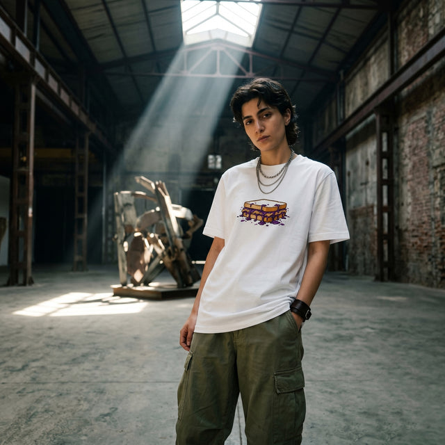 Person wearing a white t-shirt with a graphic design in an industrial setting