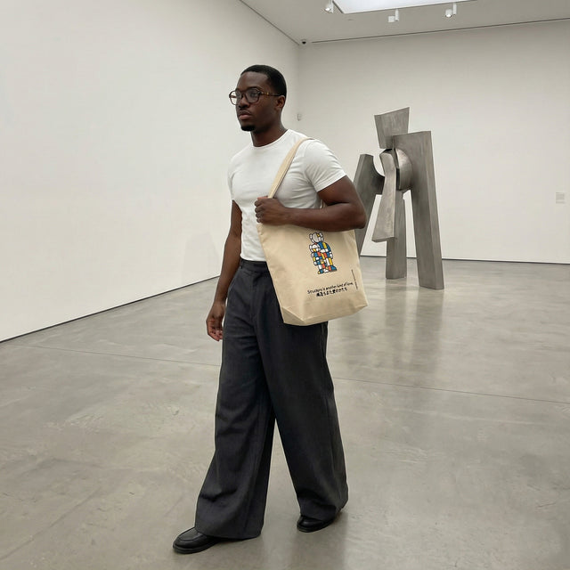 Ichinichi Studio oyster eco tote bag featuring geometric Mondrian-style parent and child figures with primary colors red, blue, and yellow, accompanied by the text "Structure is another kind of love" and Japanese translation.