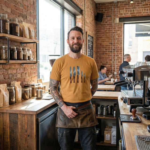 Man with a beard and tattoos wearing a mustard yellow t-shirt with a graphic of five Japanese kitchen knives, standing in an exposed brick artisanal cafe and market.