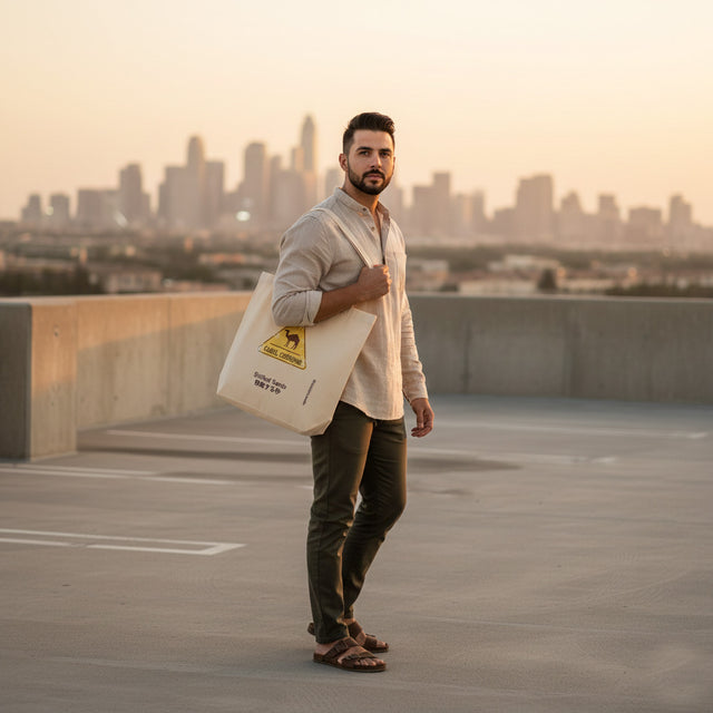 Man holding a tote bag on a rooftop with a city skyline in the background