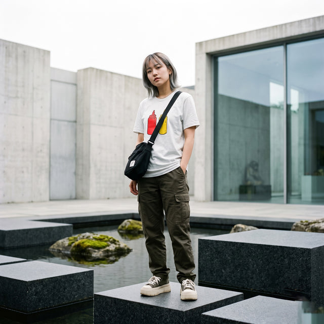 A person stands outdoors on dark stone blocks in a modern concrete courtyard, wearing a white graphic T-shirt with a red and yellow bottle print, olive cargo pants, white sneakers, and carrying a black crossbody bag.