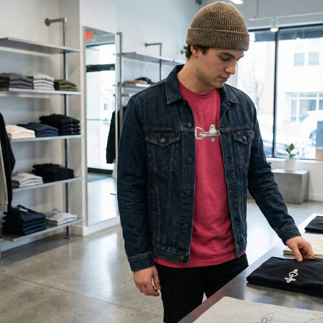 Young adult male modeling heather raspberry t-shirt with silver metal latch illustration in a modern streetwear boutique setting.