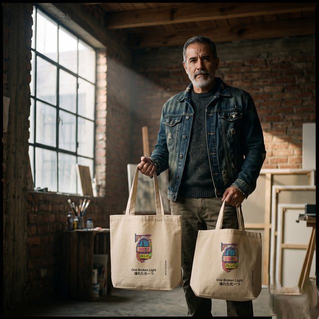 A man stands in a rustic studio or workshop holding two cream canvas tote bags with printed graphics. The room has exposed brick walls, wooden beams, and a large window on the left, casting warm light on the scene.