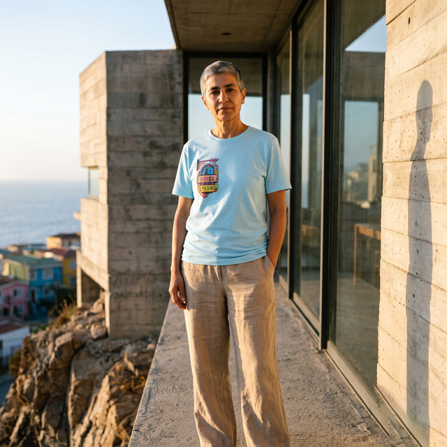 A person wearing a light blue graphic t-shirt and beige linen pants stands on a concrete balcony overlooking a rocky coastline and the ocean.