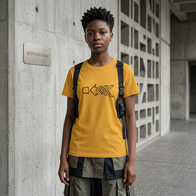 Person wearing a yellow t-shirt with a black backpack standing against a concrete wall.