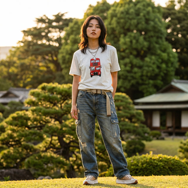 Person wearing a t-shirt with a red double-decker bus design in a park setting