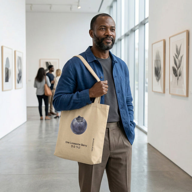 Man holding a tote bag with a design in an art gallery