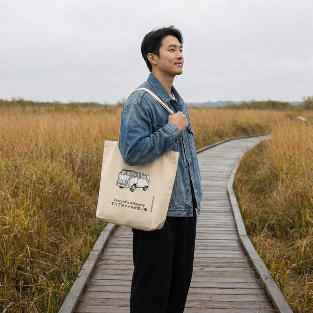 Beige eco tote bag featuring vintage Volkswagen bus sketch and Japanese text "Every Mile A Memory", modeled by man on scenic wooden boardwalk.