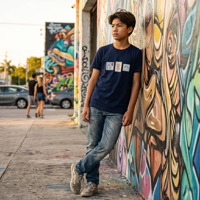 Person leaning against a graffiti-covered wall with a street scene in the background