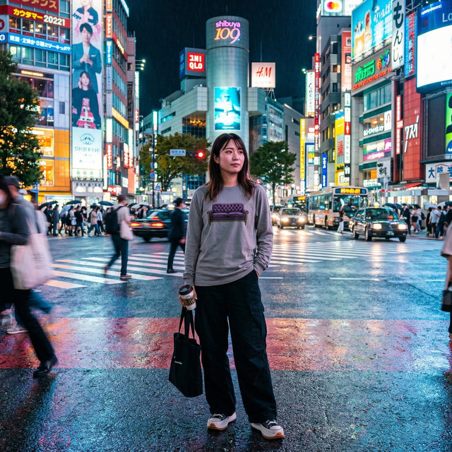 Woman standing on a busy city street at night with illuminated signs and pedestrians.