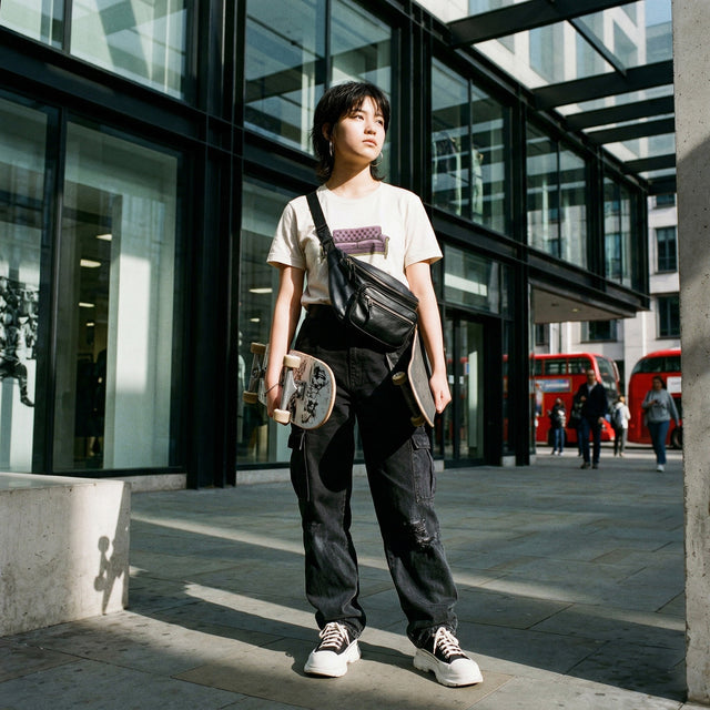 Person standing in an urban setting with a building and buses in the background