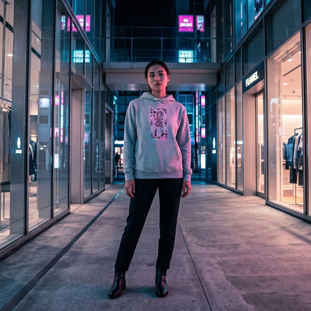 Person wearing a light gray hoodie with a graphic design in an urban setting with illuminated storefronts.