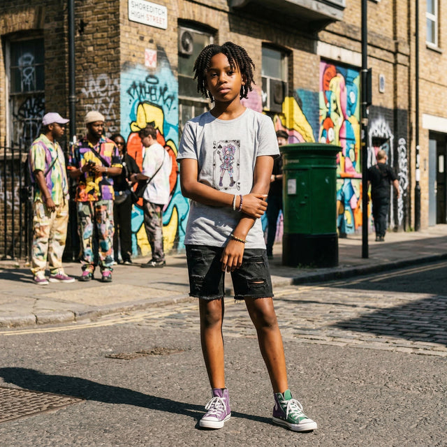 A youth model with a Nigerian-British background posing on Shoreditch High Street wearing an athletic heather grey ICHINICHI "The Royal Rebel" t-shirt featuring a stylized Queen of Spades punk graphic.