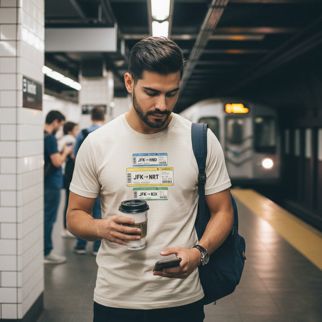 Man in a subway station looking at his phone, holding a coffee cup.