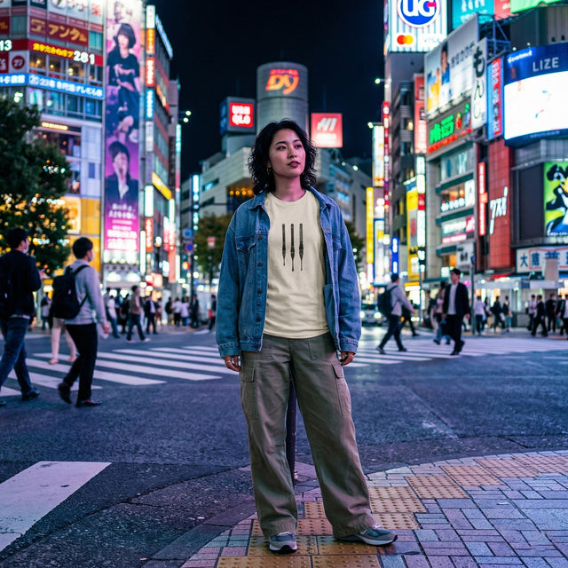 Person standing in a bustling city street at night with illuminated signs and pedestrians.